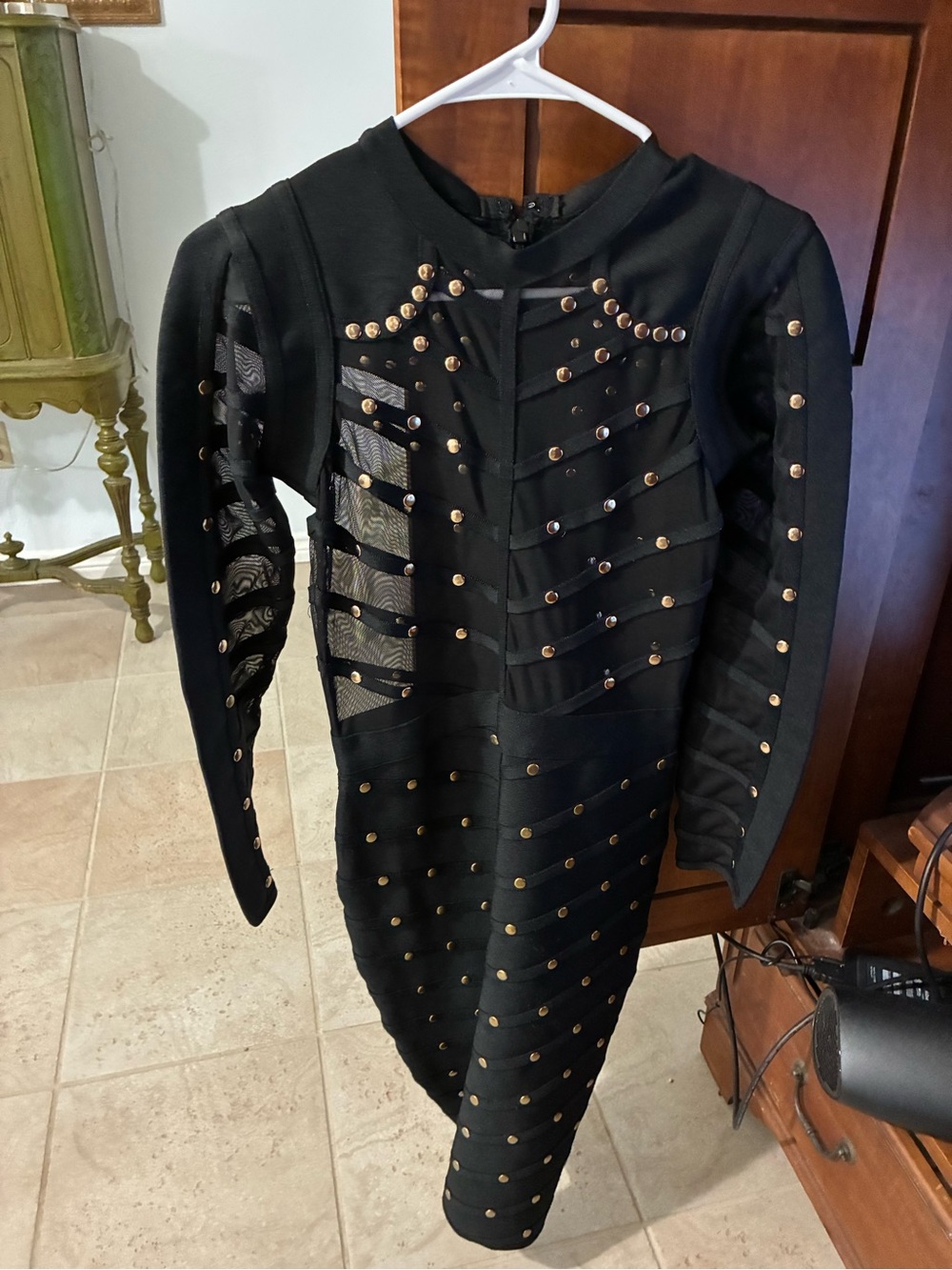 Black Long-Sleeve Stud Embellished Midi Dress